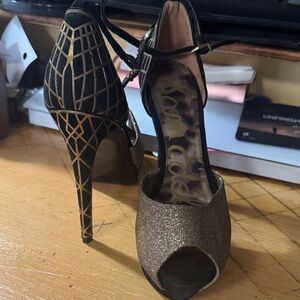 Sam Edelman Gold Glitter Peep-Toe Heels with Black Geometric Heel